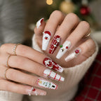 Press on Nails Kentrim Red White Mix Christmas Santa Pearl Metal Rhinestone Long Coffin Press On Nails - 30 Pieces, 15 Sizes White