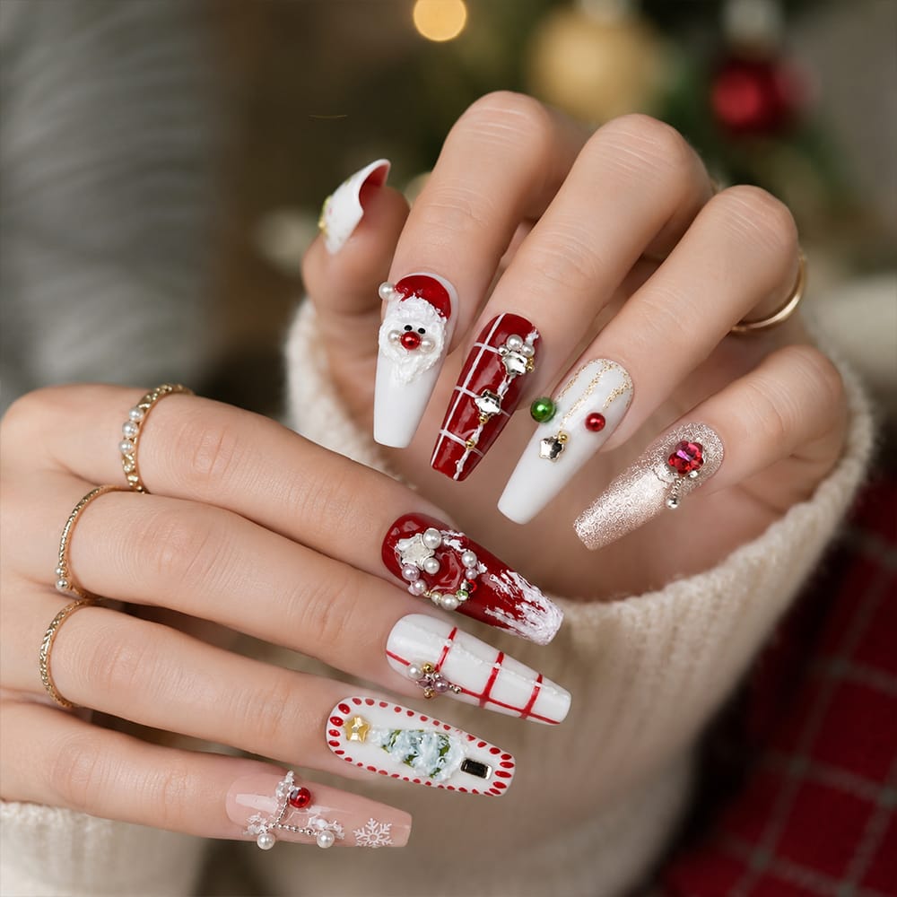 Press on Nails Kentrim Red White Mix Christmas Santa Pearl Metal Rhinestone Long Coffin Press On Nails - 30 Pieces, 15 Sizes White