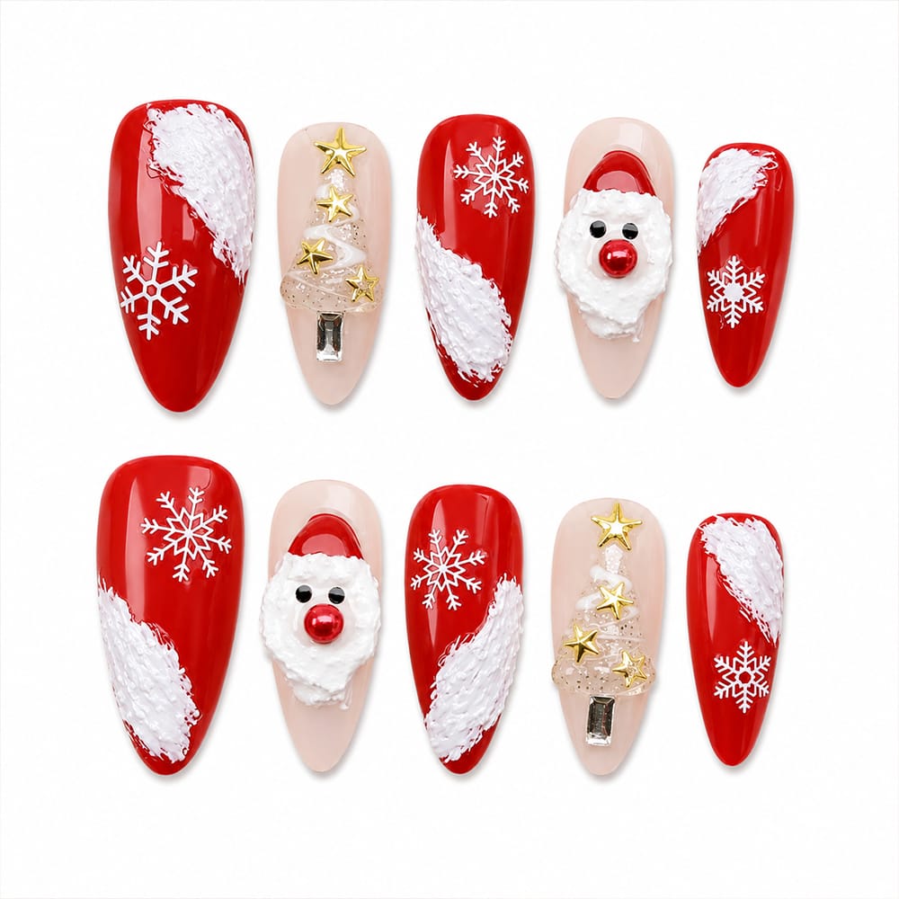 Press on Nails Kentrim Red White Snow Santa Clear Christmas Tree Long Almond Press On Nails - 30 Pieces, 15 Sizes Red Main image