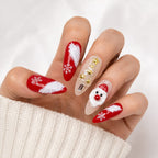 Press on Nails Kentrim Red White Snow Santa Clear Christmas Tree Long Almond Press On Nails - 30 Pieces, 15 Sizes Red