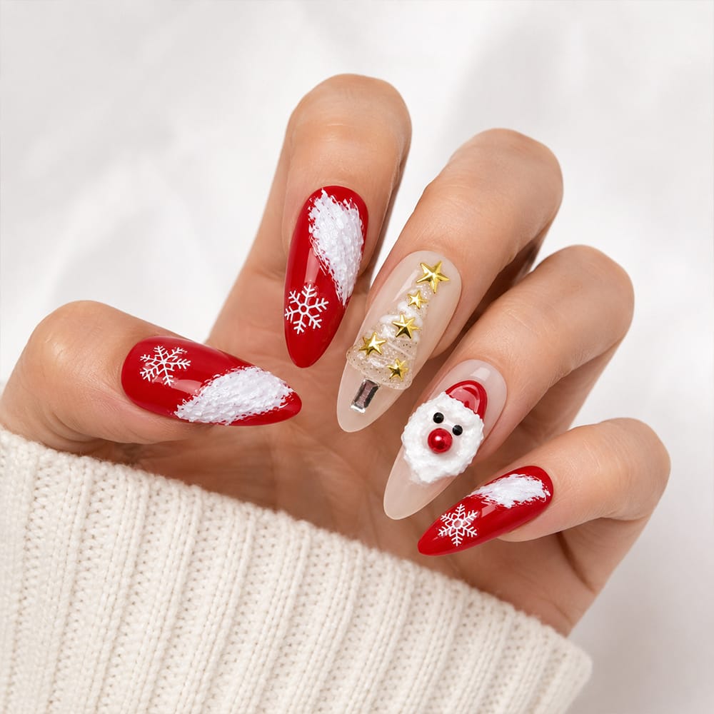 Press on Nails Kentrim Red White Snow Santa Clear Christmas Tree Long Almond Press On Nails - 30 Pieces, 15 Sizes Red
