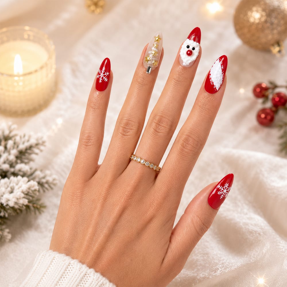 Press on Nails Kentrim Red White Snow Santa Clear Christmas Tree Long Almond Press On Nails - 30 Pieces, 15 Sizes Red