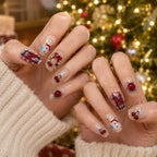 Press on Nails Kentrim Sheer Glitter Plaid Snowman Cherry Bow Medium Short Round Christmas Press On Nails - 30 Pieces, 15 Sizes Pink