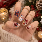 Press on Nails Kentrim Sheer Glitter Plaid Snowman Cherry Bow Medium Short Round Christmas Press On Nails - 30 Pieces, 15 Sizes Pink