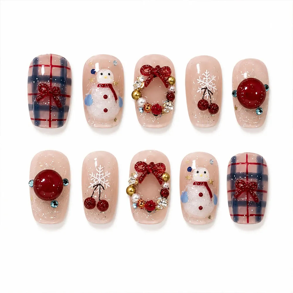 Press on Nails Kentrim Sheer Glitter Plaid Snowman Cherry Bow Medium Short Round Christmas Press On Nails - 30 Pieces, 15 Sizes Pink Main image