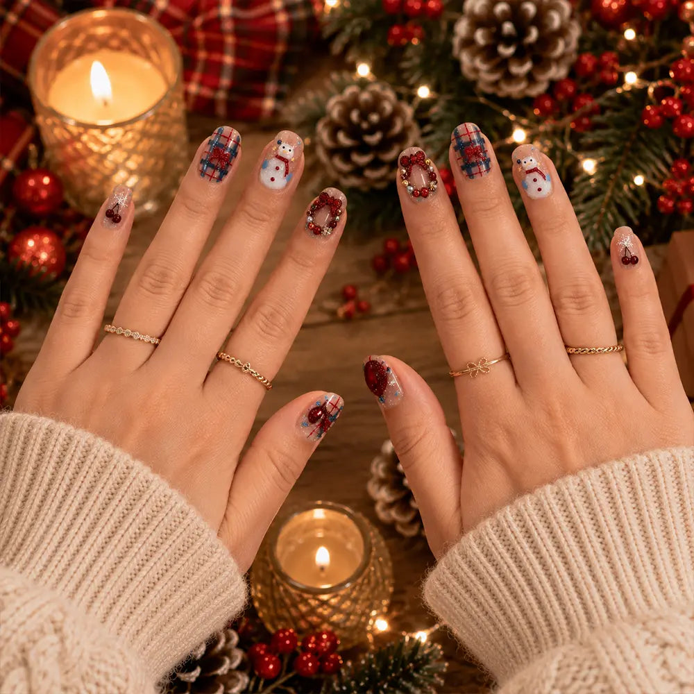 Press on Nails Kentrim Sheer Glitter Plaid Snowman Cherry Bow Medium Short Round Christmas Press On Nails - 30 Pieces, 15 Sizes Pink