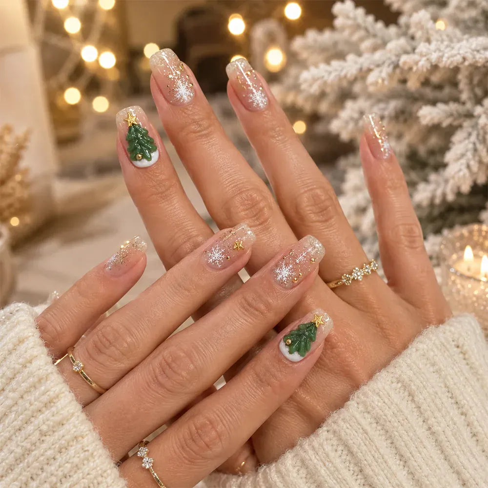 Press on Nails Kentrim Sheer Nude Gold Glitter 3D Christmas Tree Snowflake Medium Long Coffin Press On Nails - 30 Pieces, 15 Sizes Pink