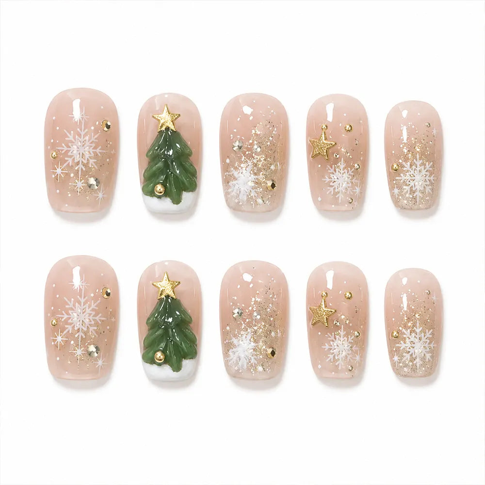 Press on Nails Kentrim Sheer Nude Gold Glitter 3D Christmas Tree Snowflake Medium Long Coffin Press On Nails - 30 Pieces, 15 Sizes Pink Main image