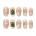 Press on Nails Kentrim Sheer Nude Gold Glitter 3D Christmas Tree Snowflake Medium Long Coffin Press On Nails - 30 Pieces, 15 Sizes Pink