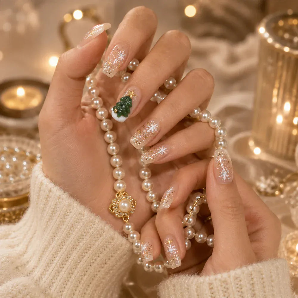 Press on Nails Kentrim Sheer Nude Gold Glitter 3D Christmas Tree Snowflake Medium Long Coffin Press On Nails - 30 Pieces, 15 Sizes Pink