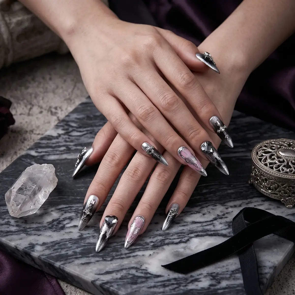 Kentrim silver and black gradient butterfly heart almond press-on nails set with 30 pieces in 15 sizes, stylish and easy to apply. Main image