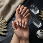 Press on Nails Kentrim Silver Glitter Wave Star Metal Stud Short Square Press On Nails - 30 Pieces, 15 Sizes White