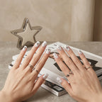 Press on Nails Kentrim Silver Glitter Wave Star Metal Stud Short Square Press On Nails - 30 Pieces, 15 Sizes White