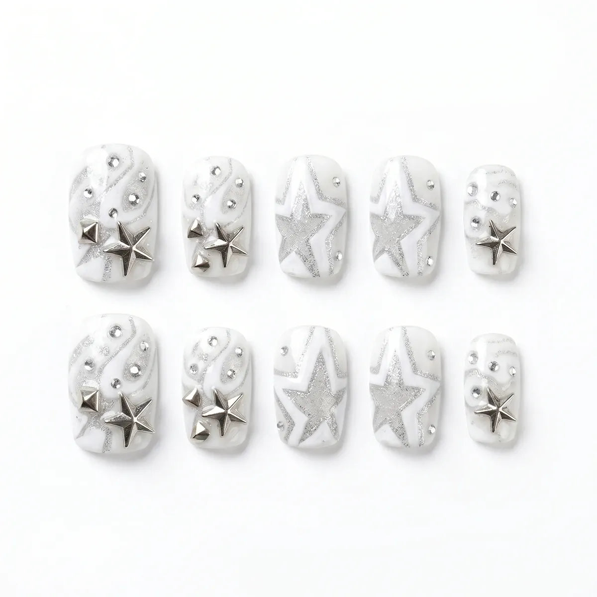 Kentrim Silver Glitter Wave Star Metal Stud Short Square Press On Nails - 30 Pieces, 15 Sizes Secondary image