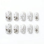 Press on Nails Kentrim Silver Glitter Wave Star Metal Stud Short Square Press On Nails - 30 Pieces, 15 Sizes White