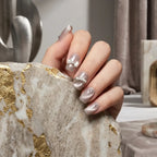 Press on Nails Kentrim Silver Grey Cat Eye Bow Pearl Short Square Press On Nails - 30 Pieces, 15 Sizes Pink