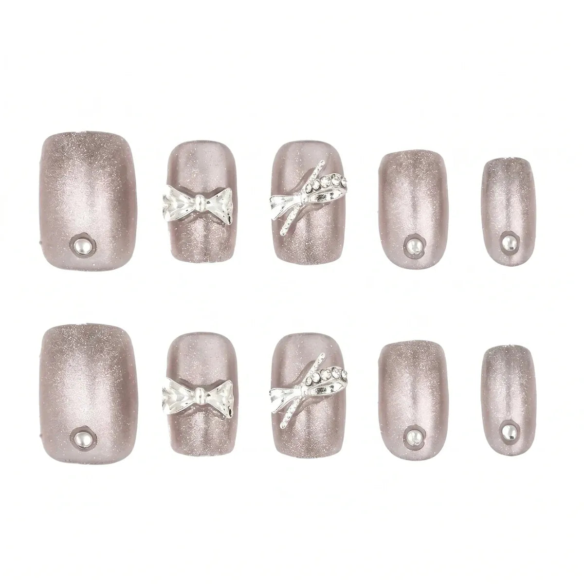 Kentrim Silver Grey Cat Eye Bow Pearl Short Square Press On Nails - 30 Pieces, 15 Sizes Secondary image