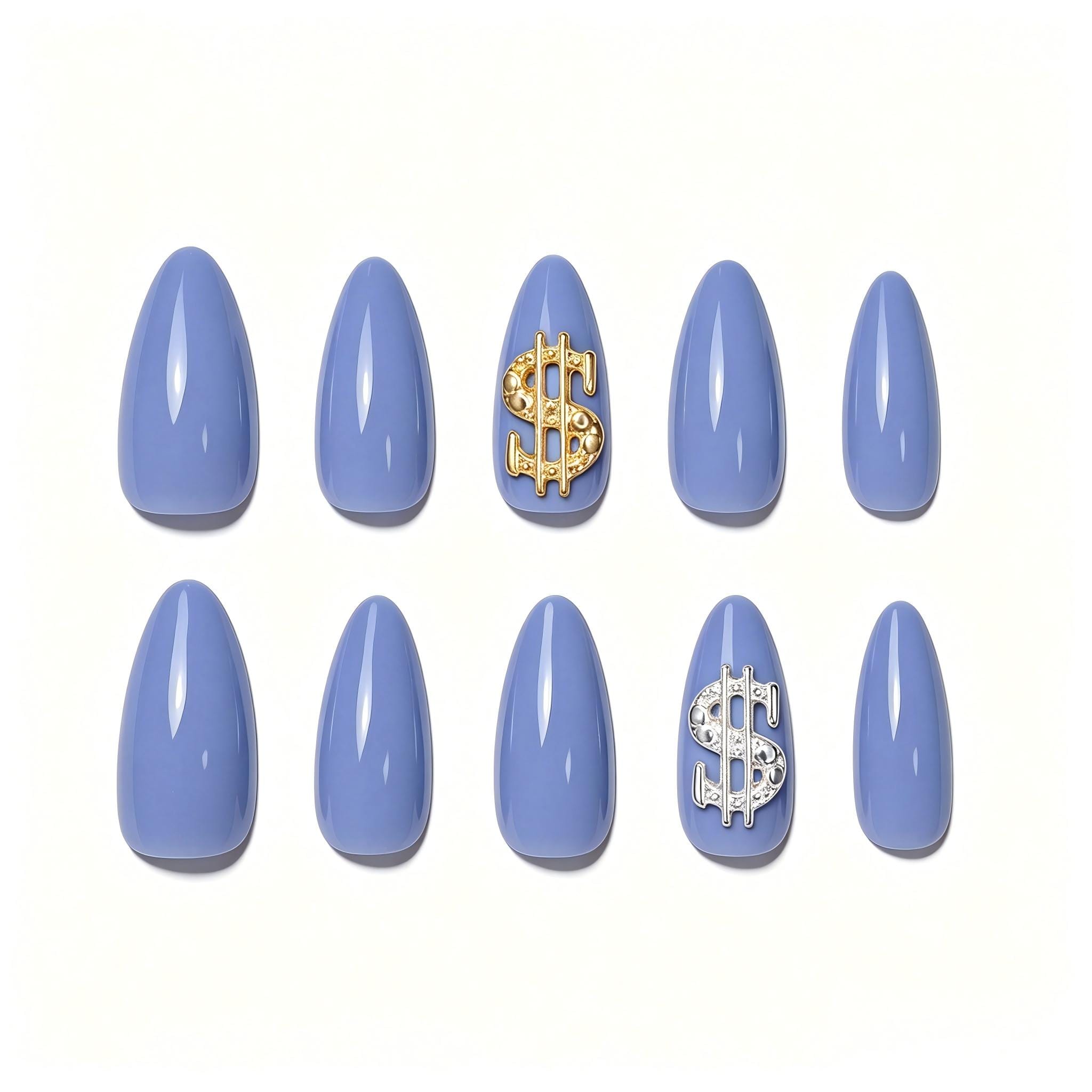 Press on Nails Kentrim Multi Color Almond Dollar Press On Nails - 24 Pieces (12 Sizes) Blue