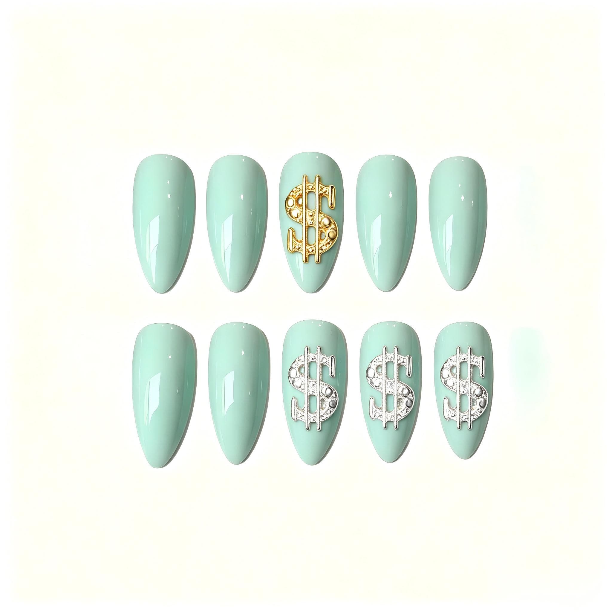 Press on Nails Kentrim Multi Color Almond Dollar Press On Nails - 24 Pieces (12 Sizes) Green