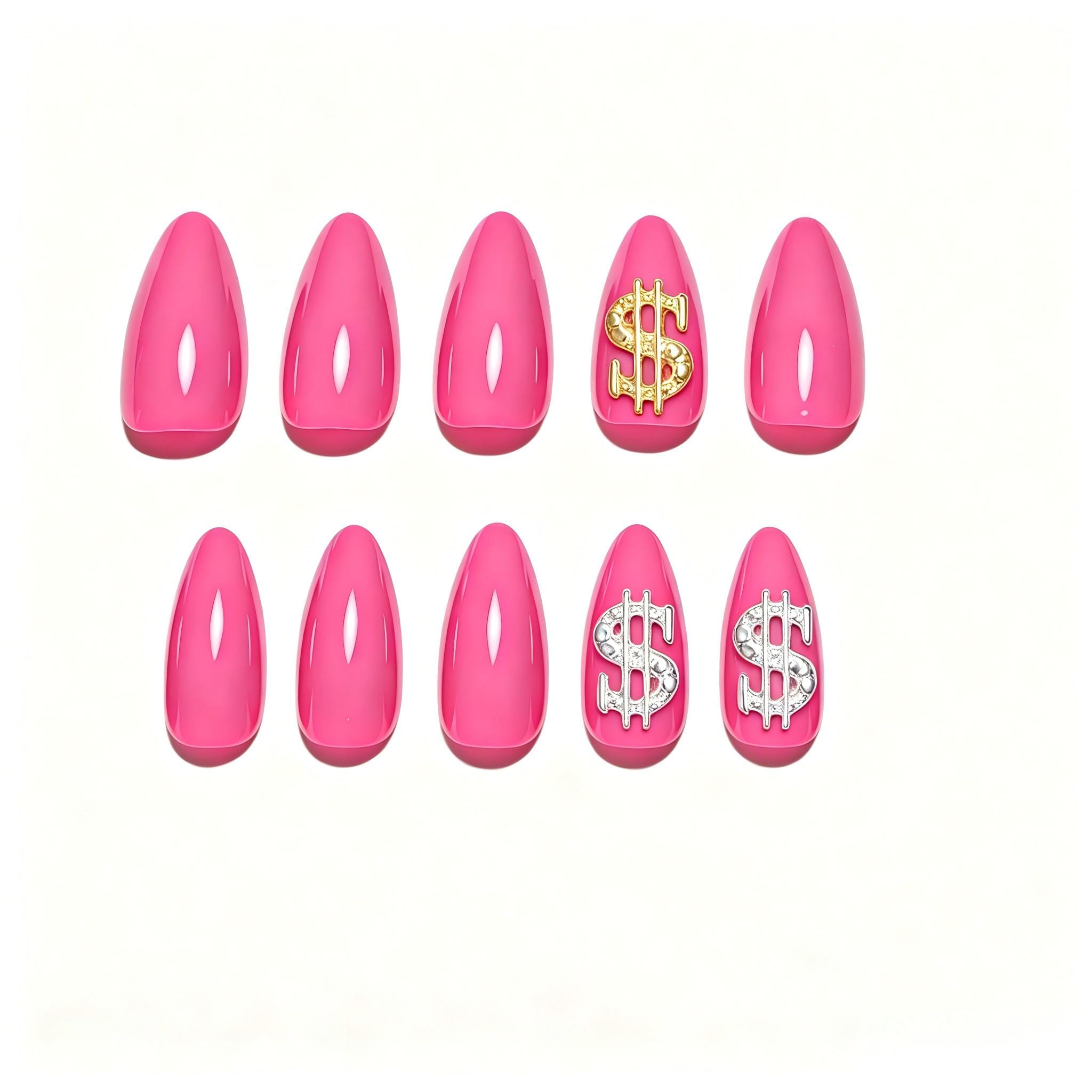 Press on Nails Kentrim Multi Color Almond Dollar Press On Nails - 24 Pieces (12 Sizes) Hot Pink