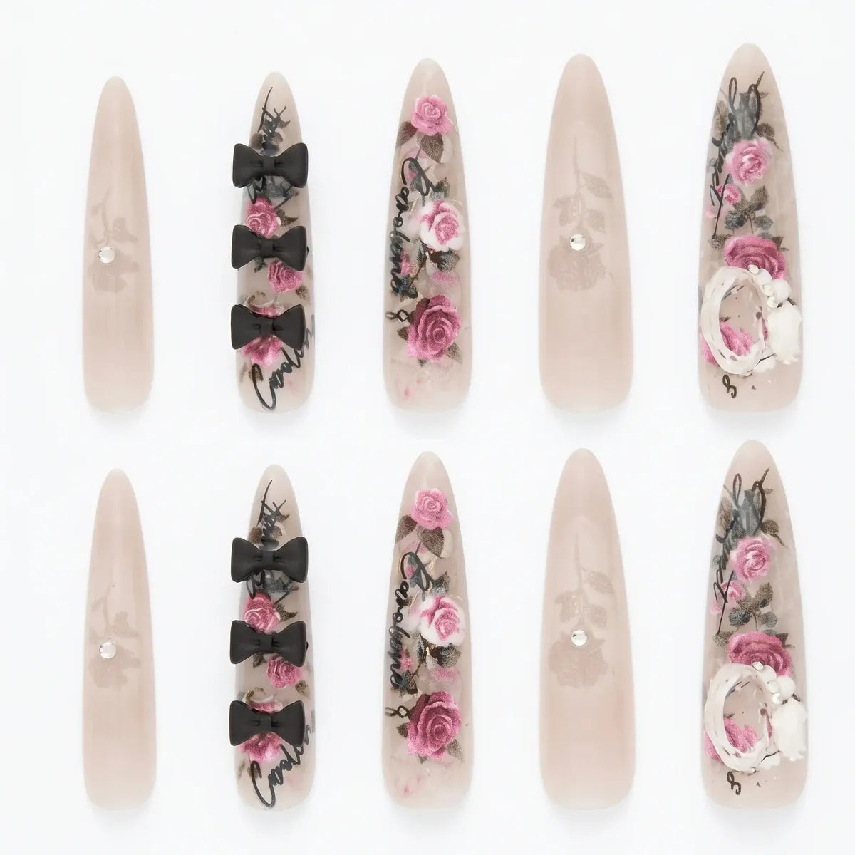 Kentrim Vintage Pink Rose Black Bow Nude Almond Press On Nails - 30 Pieces, 15 Sizes Secondary image