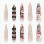 Press on Nails Kentrim Vintage Pink Rose Black Bow Nude Almond Press On Nails - 30 Pieces, 15 Sizes Pink