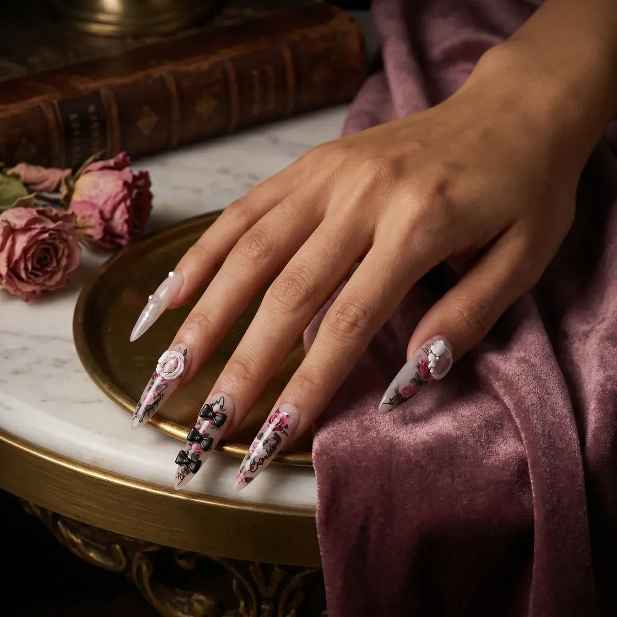 Press on Nails Kentrim Vintage Pink Rose Black Bow Nude Almond Press On Nails - 30 Pieces, 15 Sizes Pink
