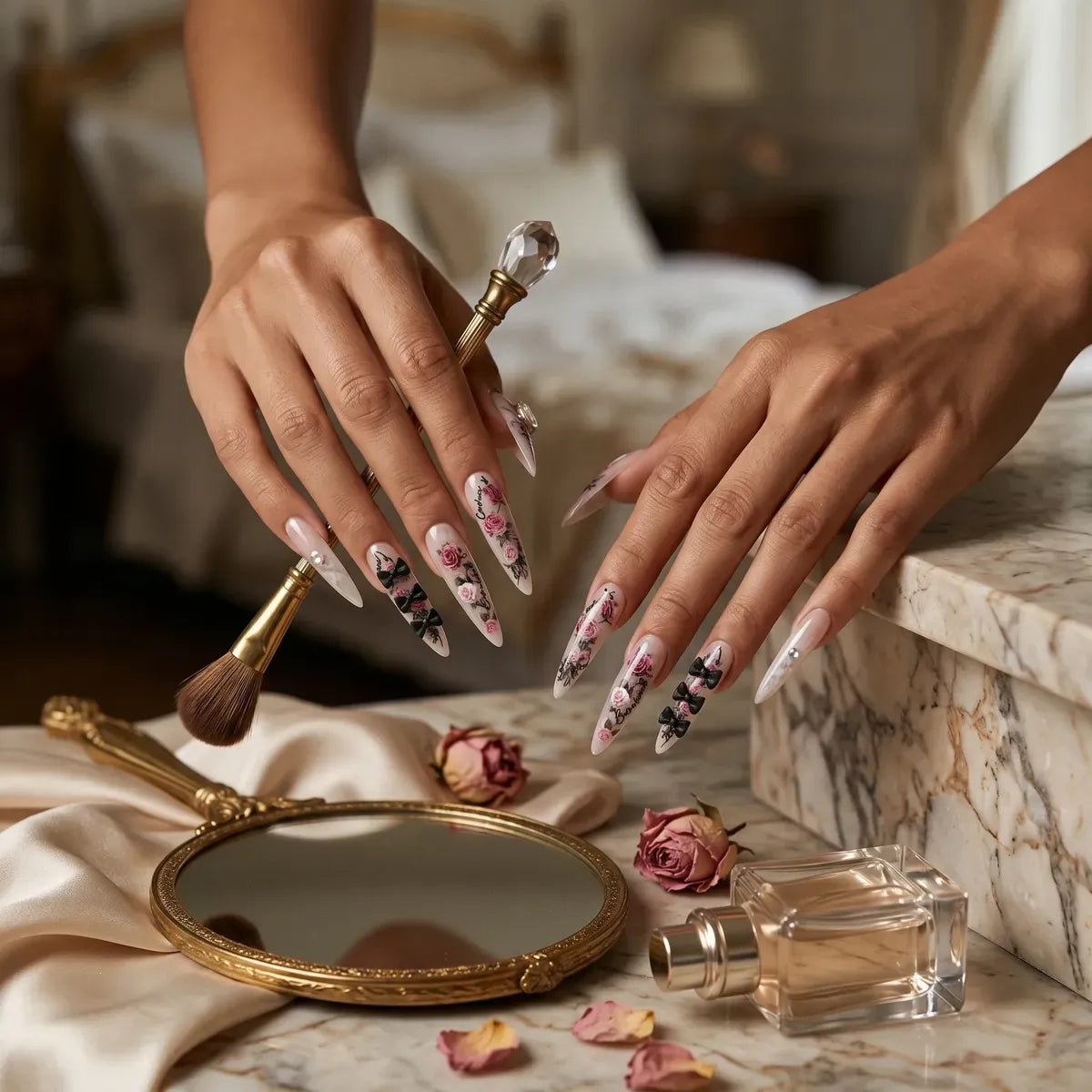 Kentrim vintage pink rose and black bow press on nails in nude almond shape, 30 pieces with 15 sizes for easy application. Main image