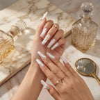 Press on Nails Kentrim White Silk Texture Pearl Long Coffin Press On Nails - 30 Pieces, 15 Sizes White