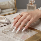 Press on Nails Kentrim White Silk Texture Pearl Long Coffin Press On Nails - 30 Pieces, 15 Sizes White