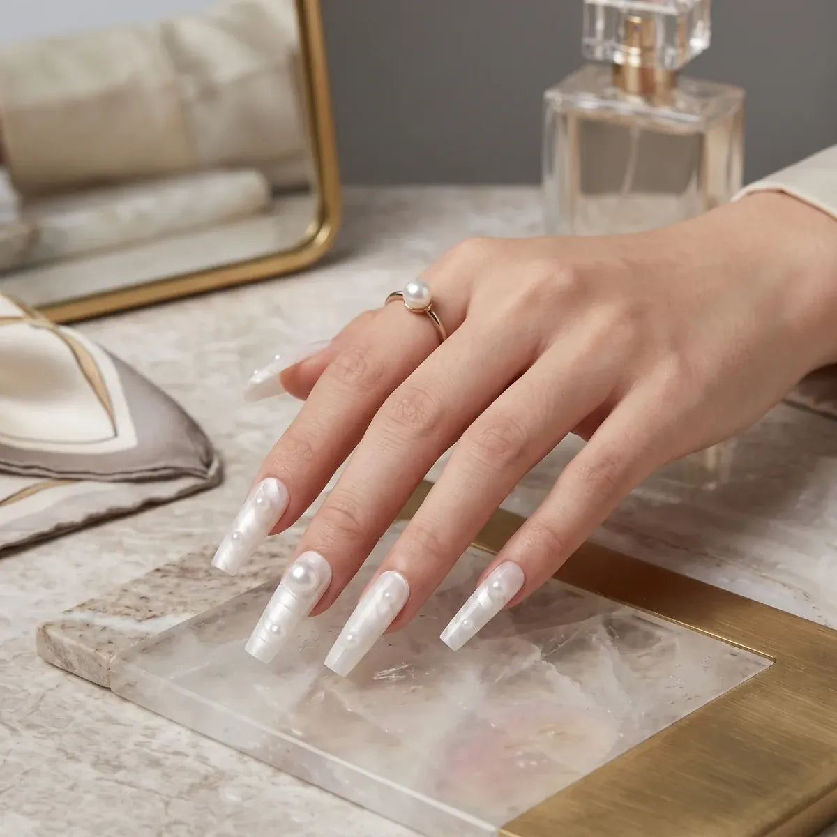 Press on Nails Kentrim White Silk Texture Pearl Long Coffin Press On Nails - 30 Pieces, 15 Sizes White