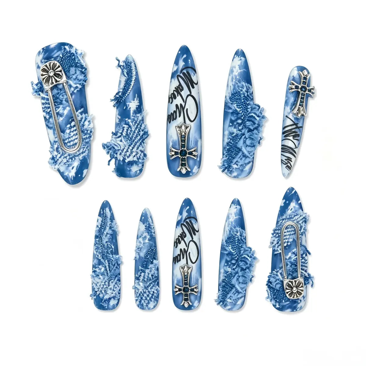 Denim Press On Nails – Blue Cross Stiletto Design 30 Pieces, 15 Sizes Secondary image