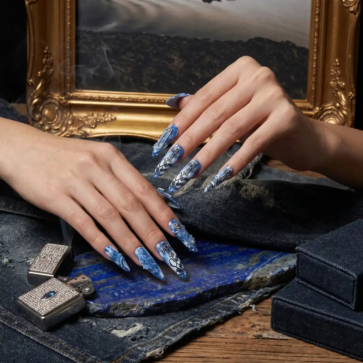 Kentrim blue denim cross stiletto press-on nails, 30-piece set with 15 sizes, showcasing stylish nail tips on a neutral background. Main image