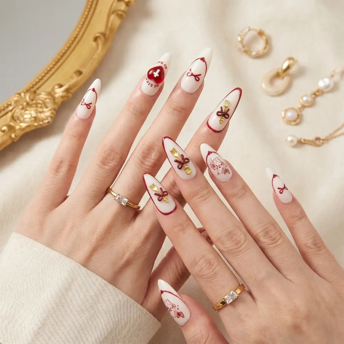 Kentrim red cream press on nails with heart bow design, 30-piece set in 15 sizes, natural almond shape for easy application Main image