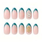 Press on Nails Kentrim French Tip Sign Almond Dollar Press On Nails - 30 Pieces, 15 Sizes Green
