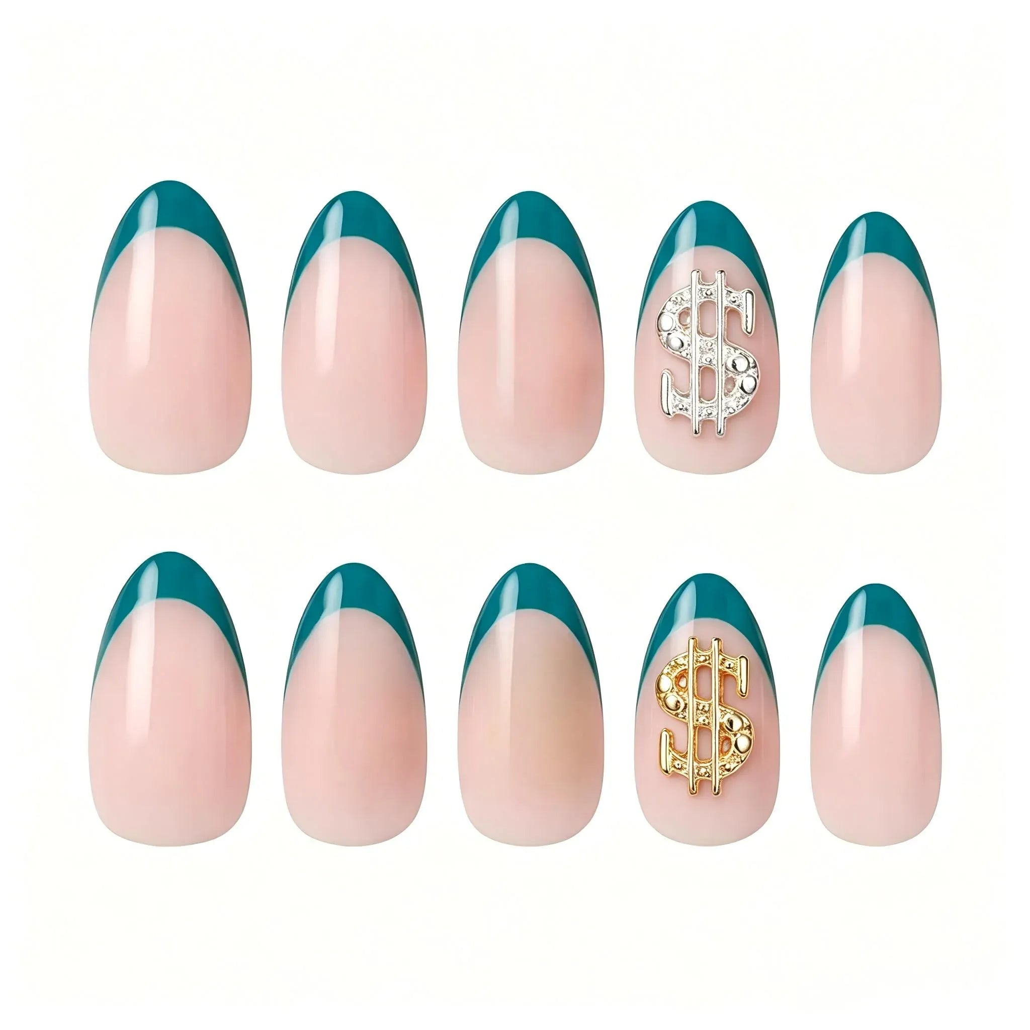 Press on Nails Kentrim French Tip Sign Almond Dollar Press On Nails - 30 Pieces, 15 Sizes Green