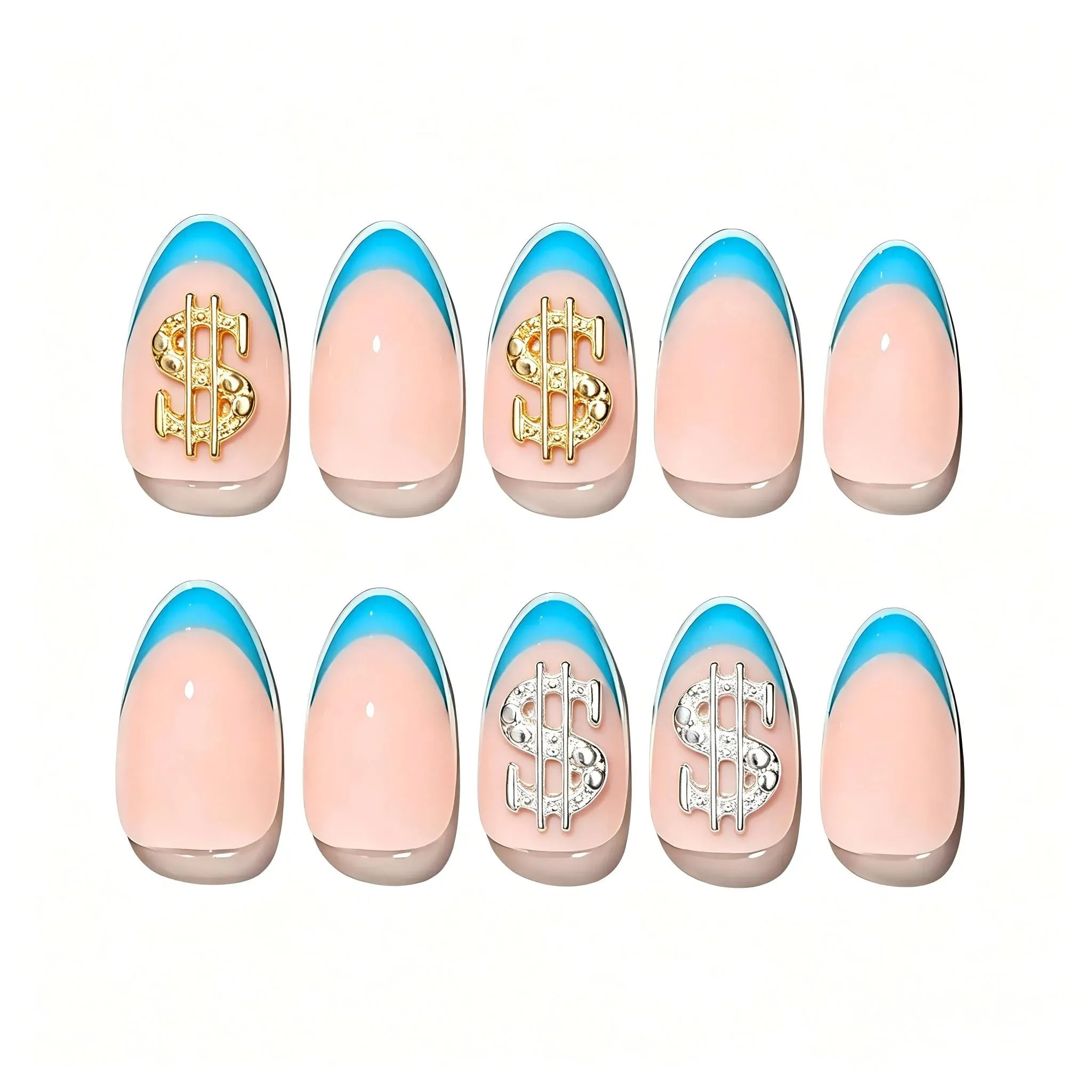 Press on Nails Kentrim French Tip Sign Almond Dollar Press On Nails - 30 Pieces, 15 Sizes Baby Blue
