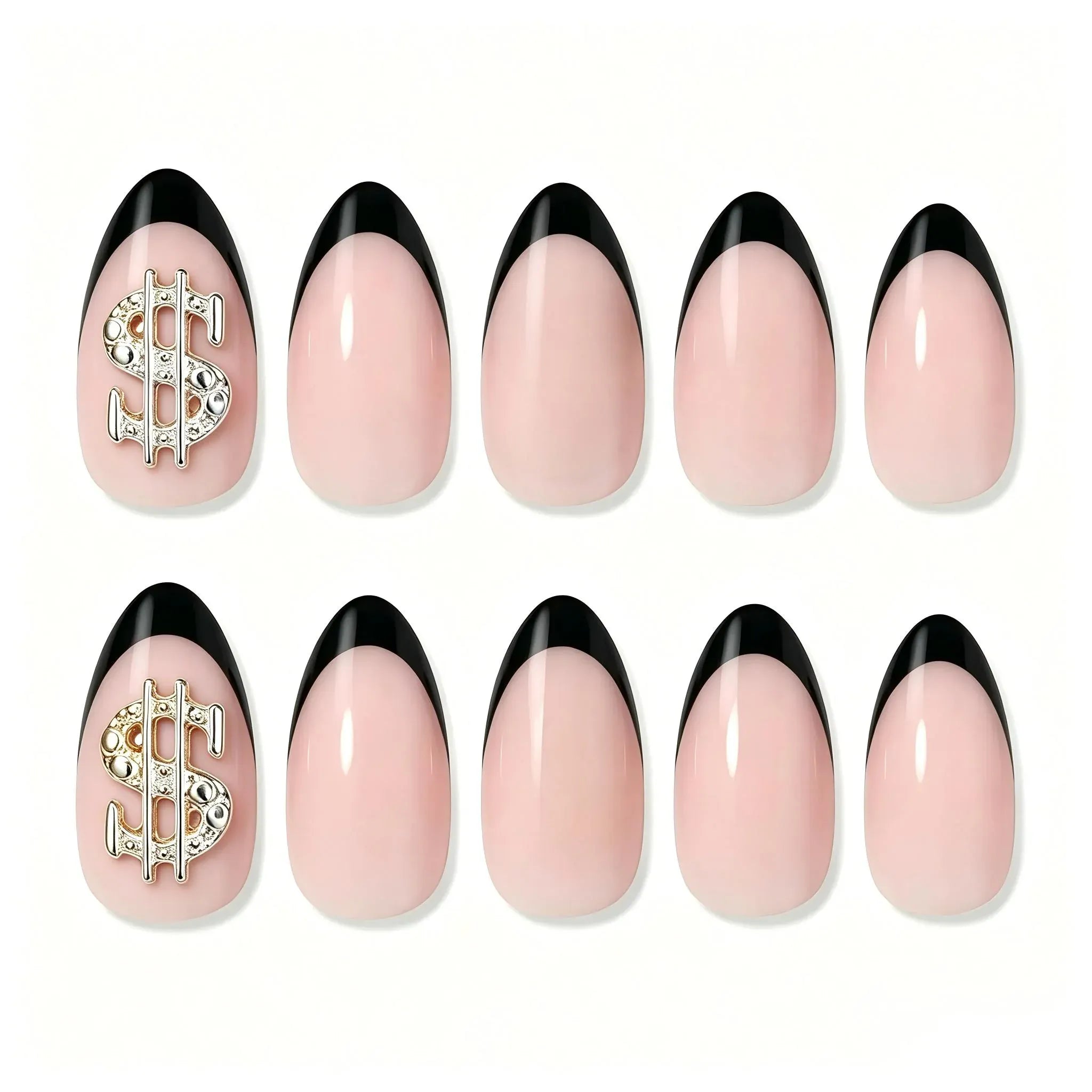 Press on Nails Kentrim French Tip Sign Almond Dollar Press On Nails - 30 Pieces, 15 Sizes Black
