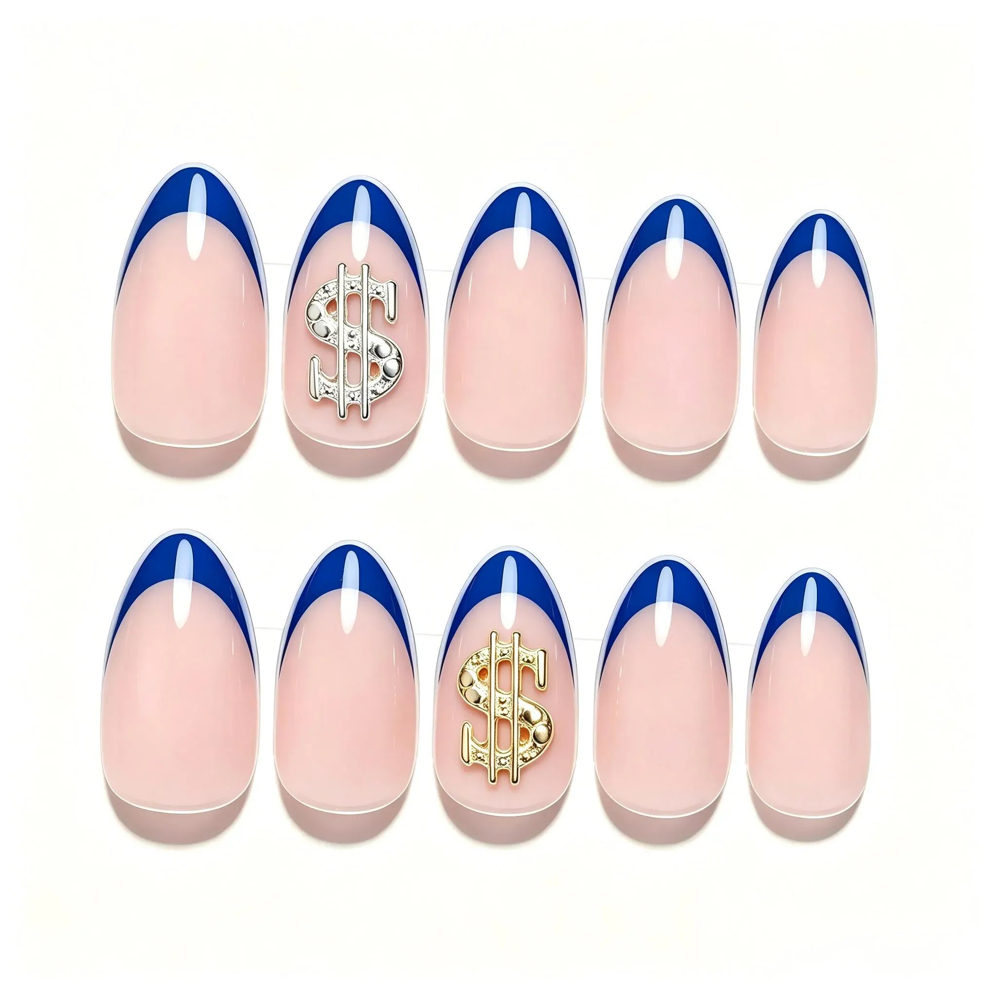 Press on Nails Kentrim French Tip Sign Almond Dollar Press On Nails - 30 Pieces, 15 Sizes Blue