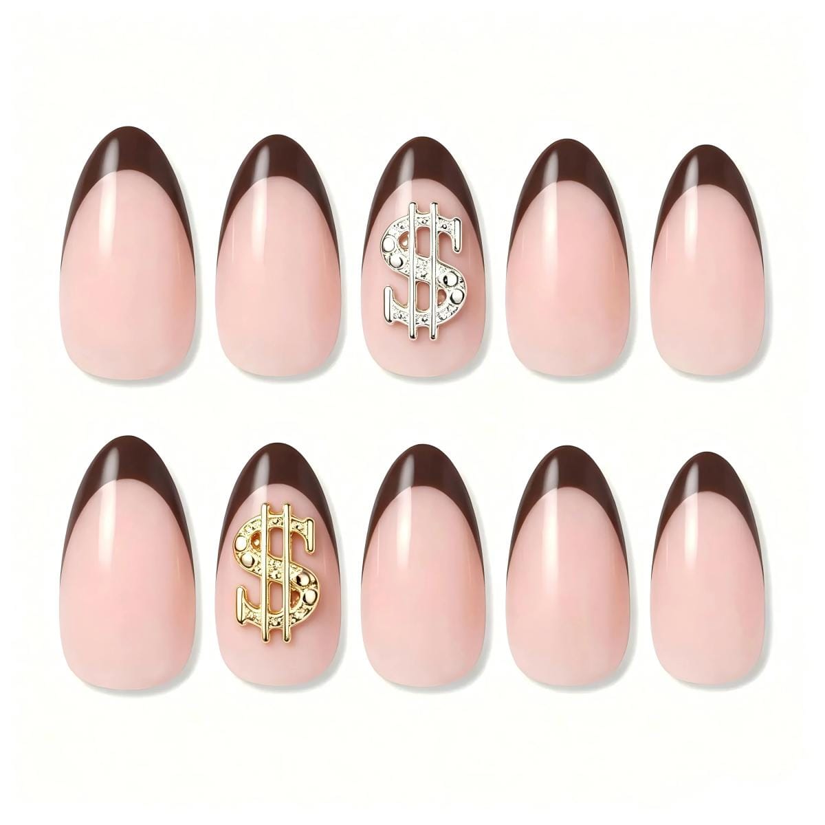 Press on Nails Kentrim French Tip Sign Almond Dollar Press On Nails - 30 Pieces, 15 Sizes Brown