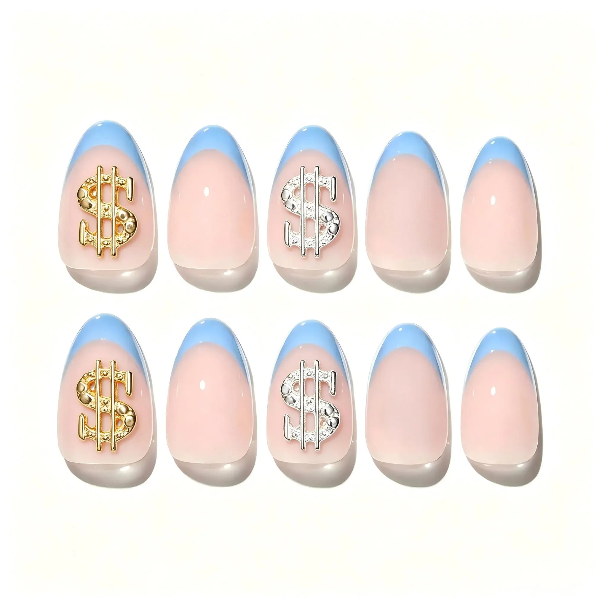 Press on Nails Kentrim French Tip Sign Almond Dollar Press On Nails - 30 Pieces, 15 Sizes Light blue