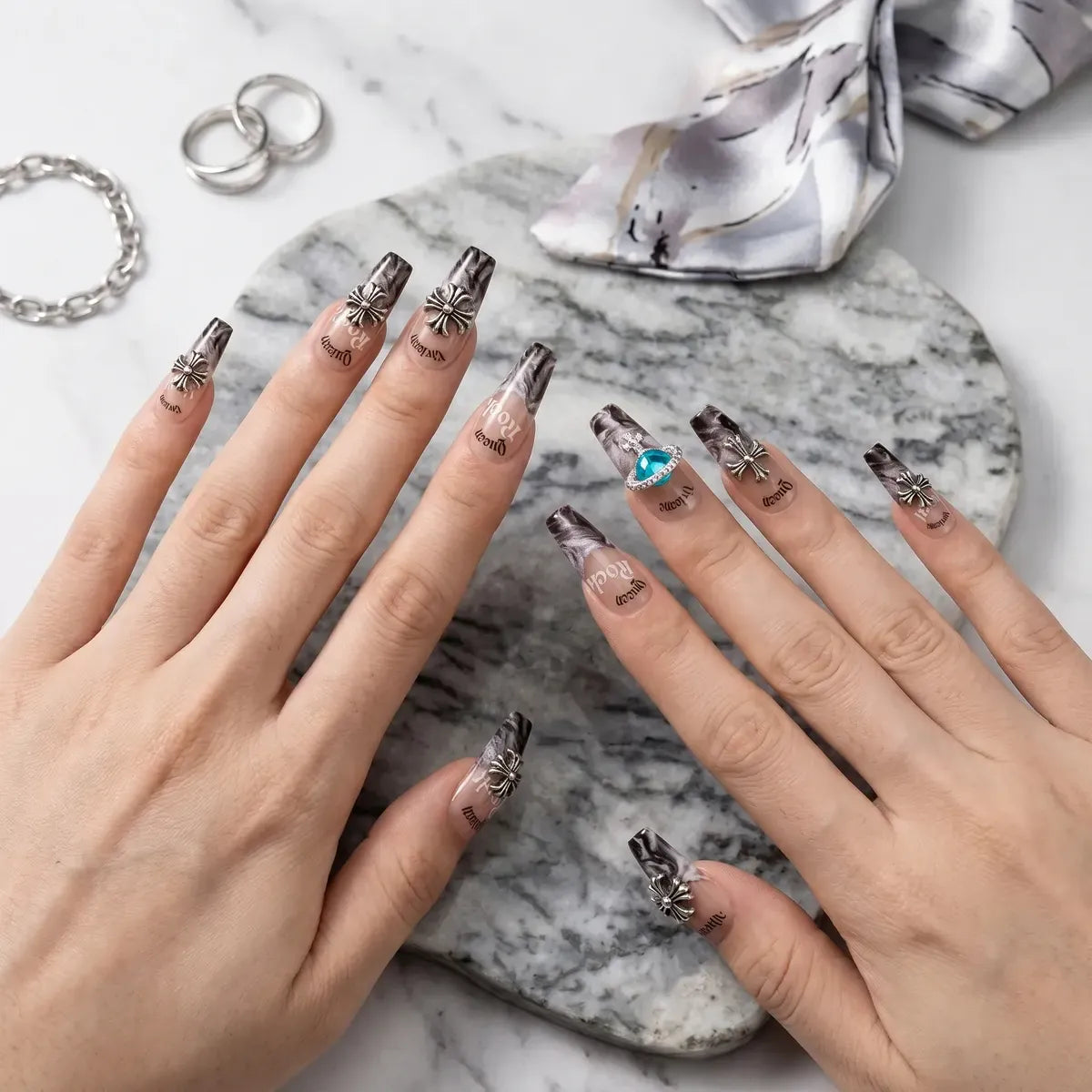 Kentrim Smoky Black Marble Cross Saturn Long Coffin Press On Nails, 30-piece set with 15 sizes, showcasing elegant nail design Main image
