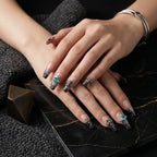 Press on Nails Kentrim Smoky Black Marble Cross Saturn Long Coffin Press On Nails - 30 Pieces, 15 Sizes White