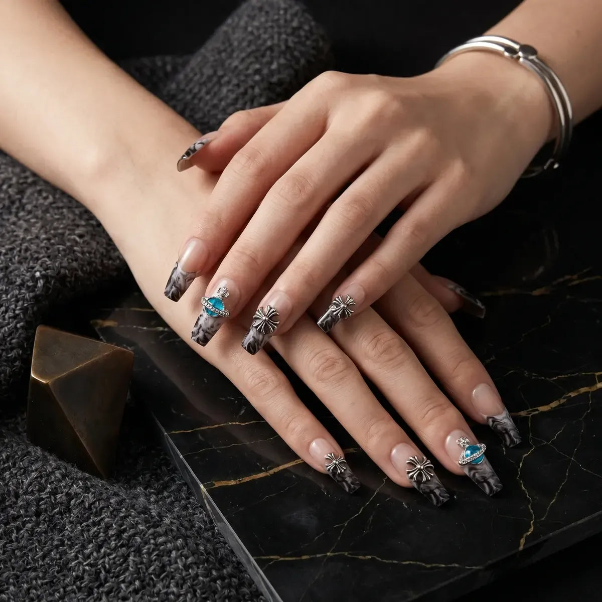 Press on Nails Kentrim Smoky Black Marble Cross Saturn Long Coffin Press On Nails - 30 Pieces, 15 Sizes White
