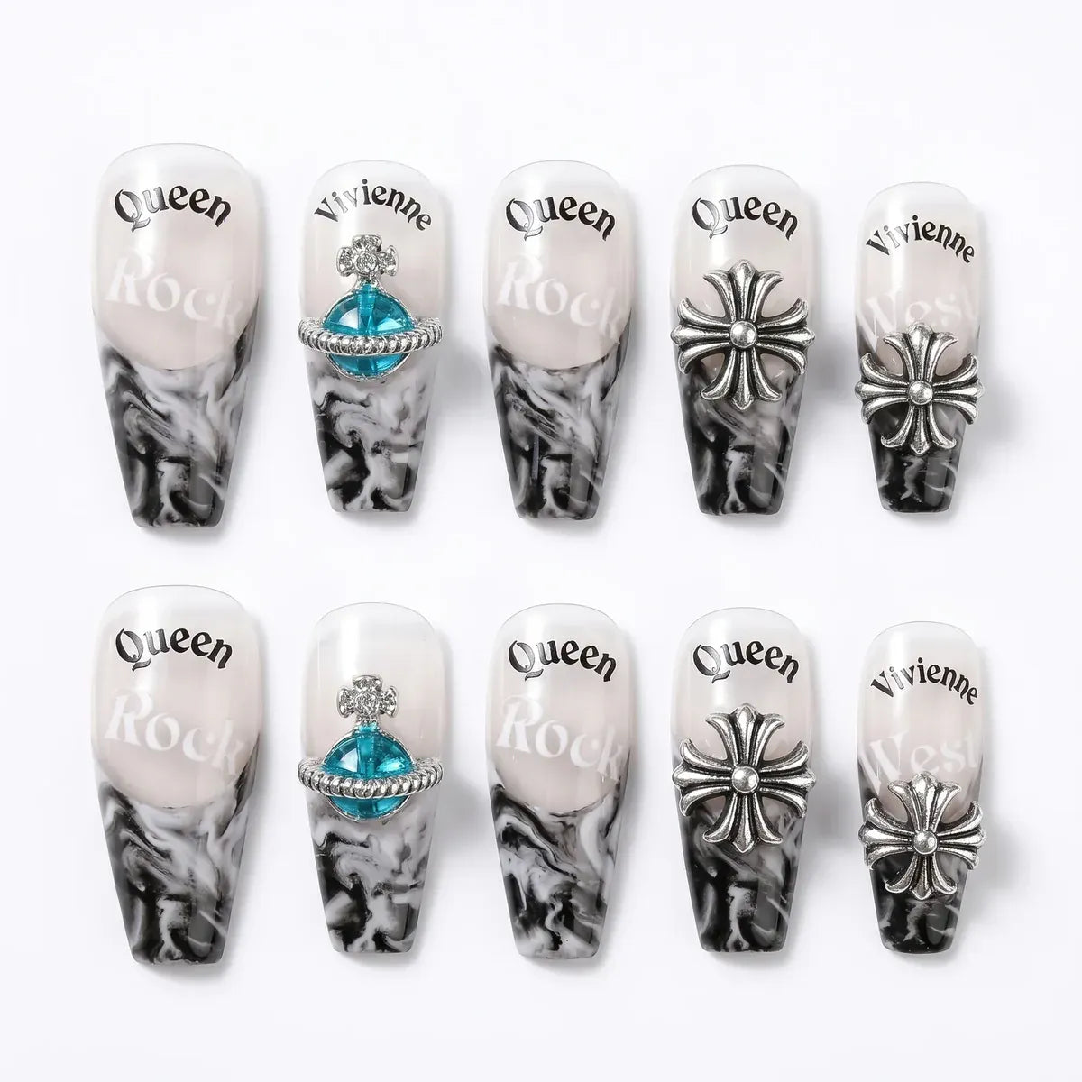 Kentrim Smoky Black Marble Cross Saturn Long Coffin Press On Nails - 30 Pieces, 15 Sizes Secondary image