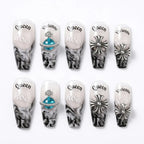 Press on Nails Kentrim Smoky Black Marble Cross Saturn Long Coffin Press On Nails - 30 Pieces, 15 Sizes White