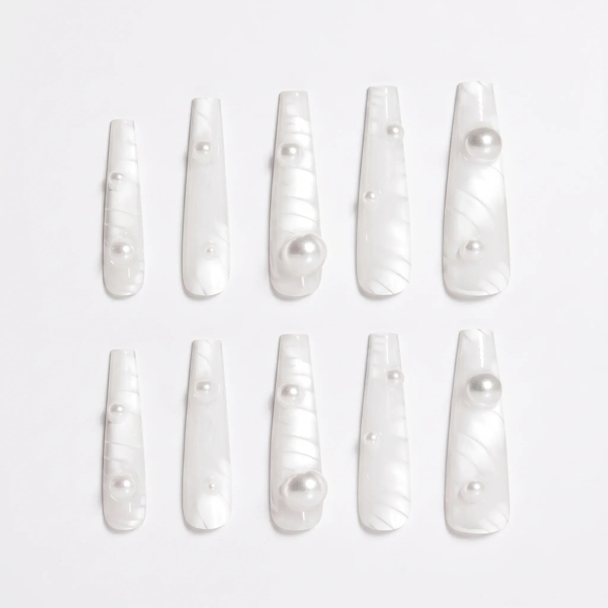 Kentrim White Silk Texture Pearl Long Coffin Press On Nails - 30 Pieces, 15 Sizes Secondary image