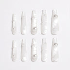 Press on Nails Kentrim White Silk Texture Pearl Long Coffin Press On Nails - 30 Pieces, 15 Sizes White