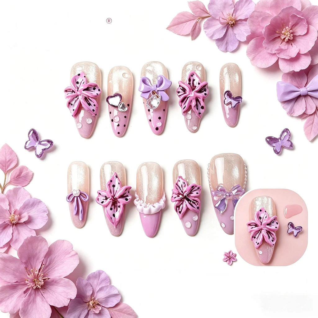 Kentrim Lavender 3D Flower & Bow Press On Nails- 10 Pieces (Single Size)