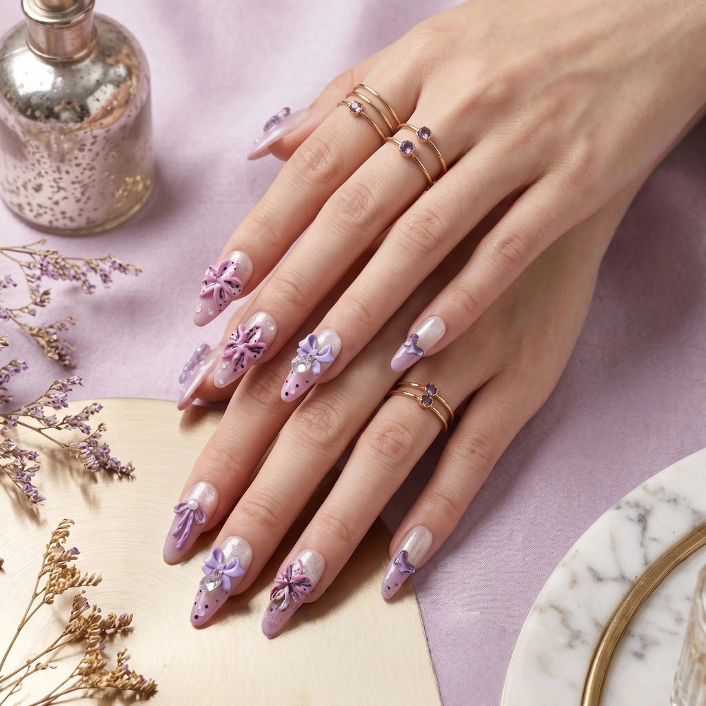 Kentrim Lavender 3D Flower & Bow Press On Nails- 10 Pieces (Single Size)
